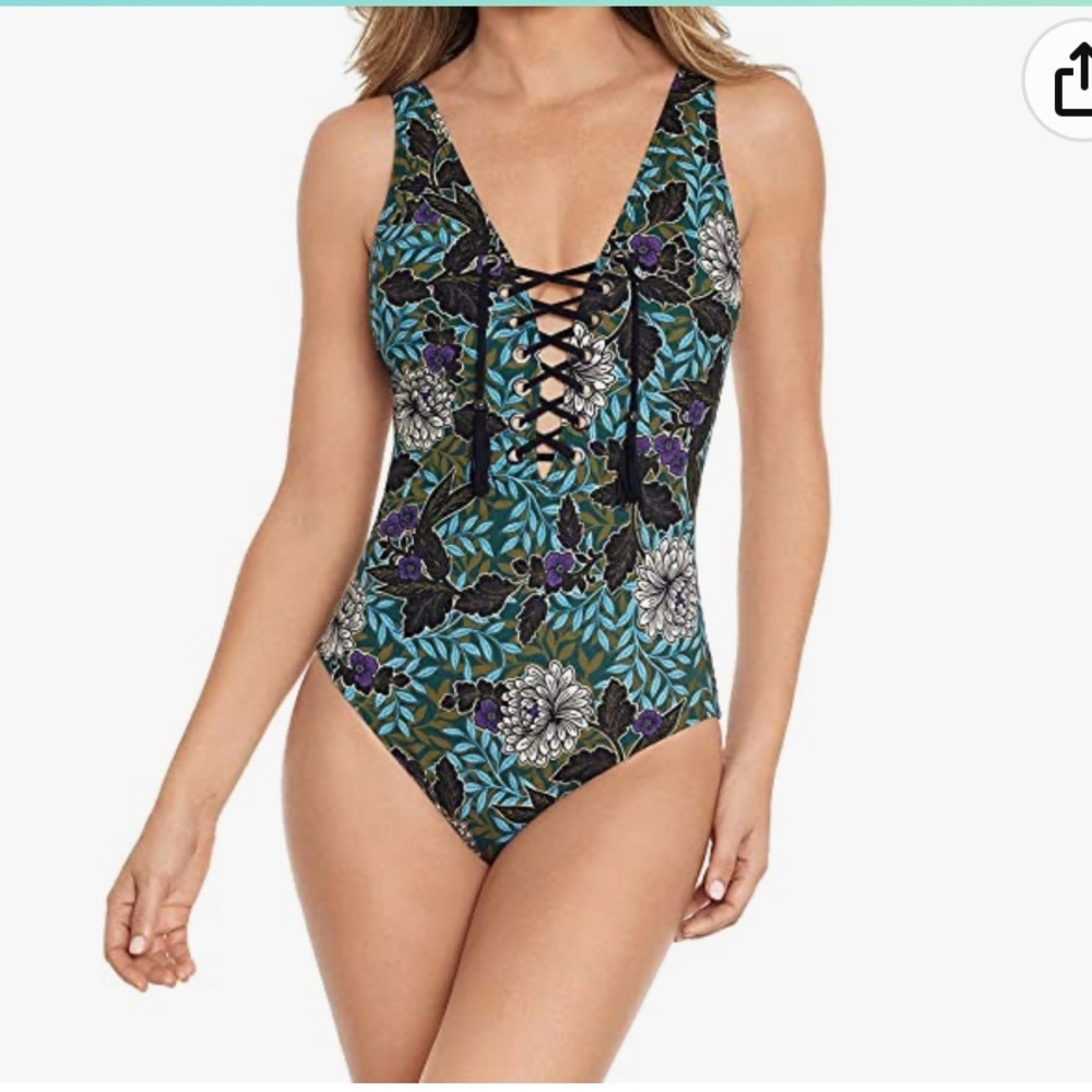 Amoressa By Miraclesuit Rhiannon  One Piece Swimsuit Blue Floral NEW Size 12